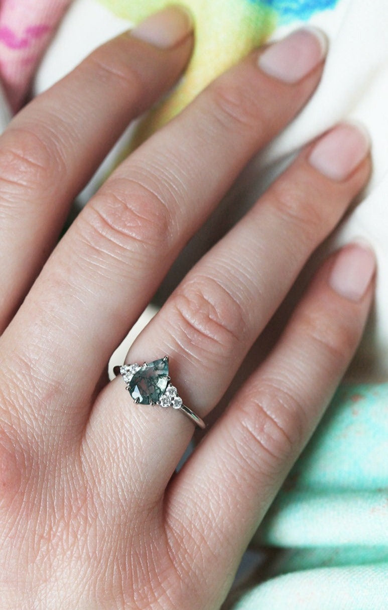 Isla Pear Moss Agate Engagement Ring