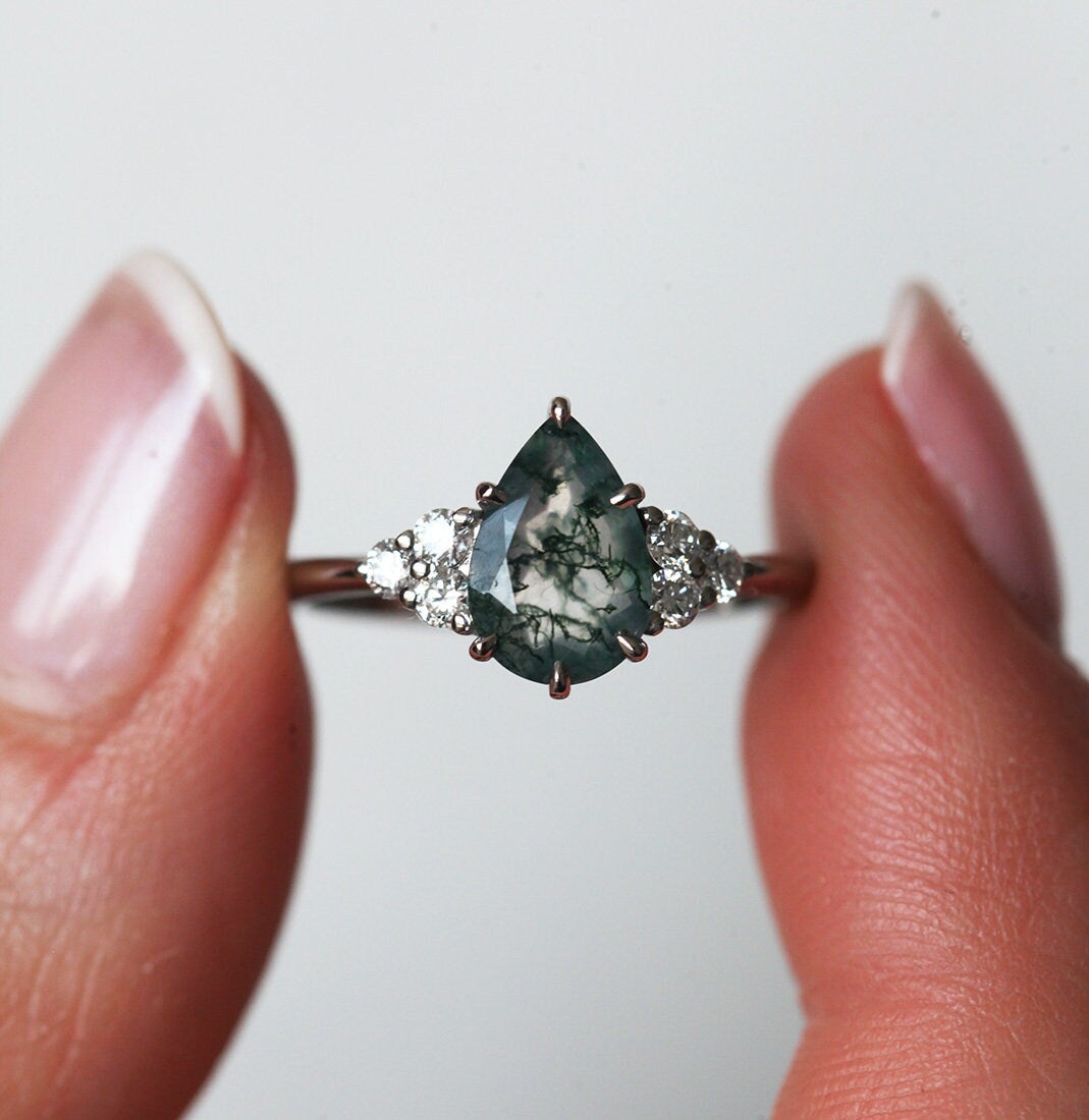 Isla Pear Moss Agate Engagement Ring