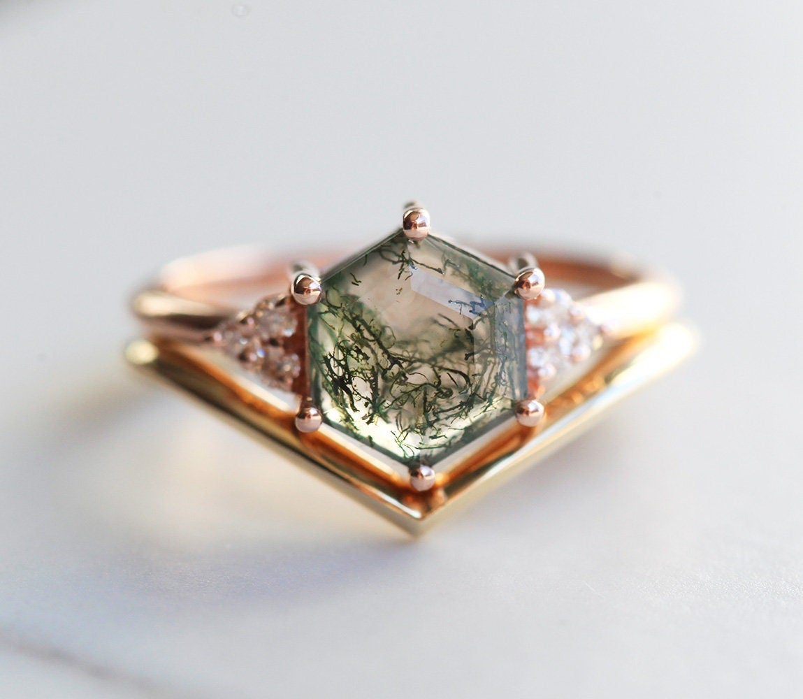 Klara Hexagon Moss Agate Ring Set With Diamonds