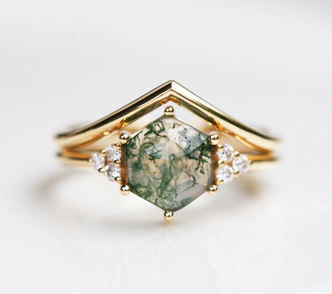 Klara Hexagon Moss Agate Ring Set With Diamonds
