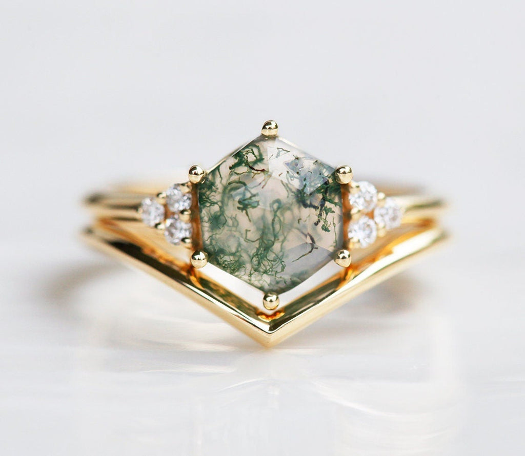 Klara Hexagon Moss Agate Ring Set With Diamonds