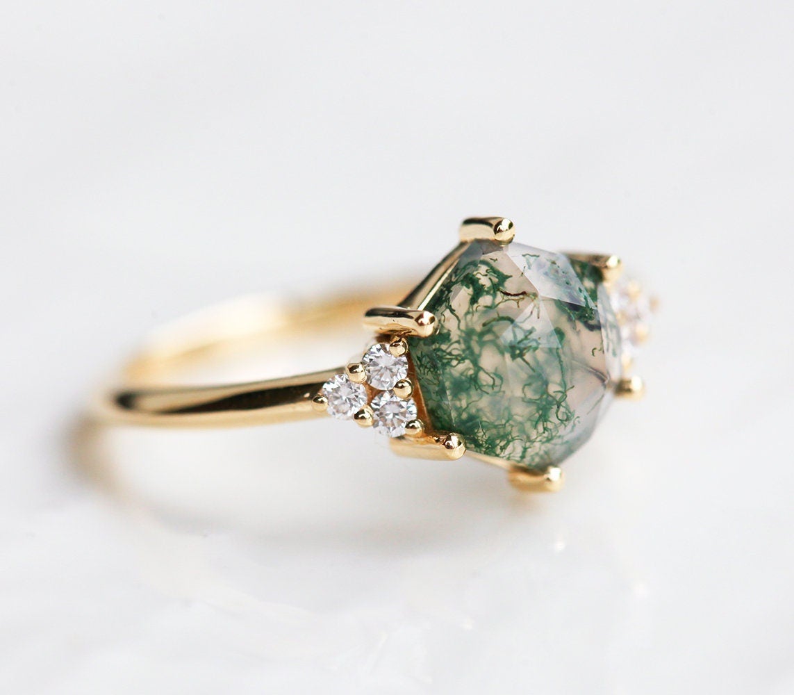 Klara Hexagon Moss Agate Ring With Diamonds