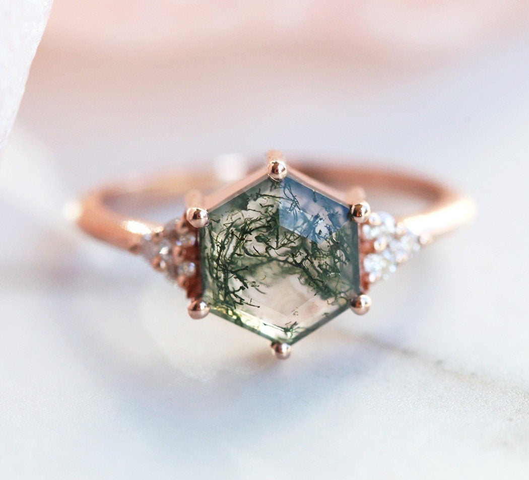 Klara Hexagon Moss Agate Ring With Diamonds