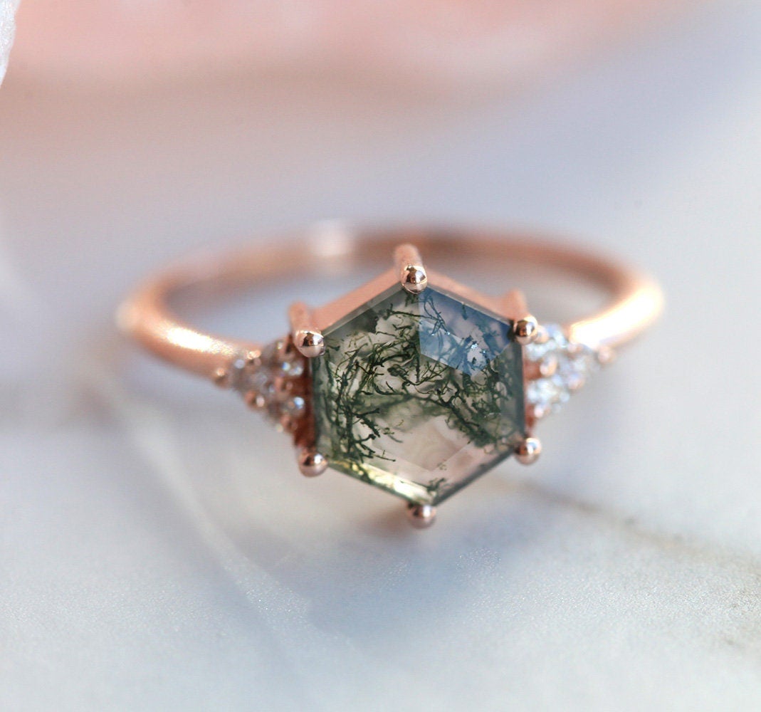 Klara Hexagon Moss Agate Ring With Diamonds