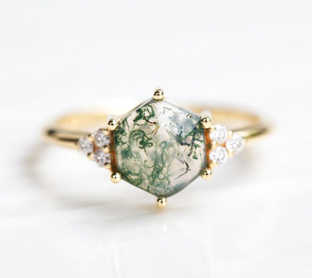 Klara Hexagon Moss Agate Ring With Diamonds