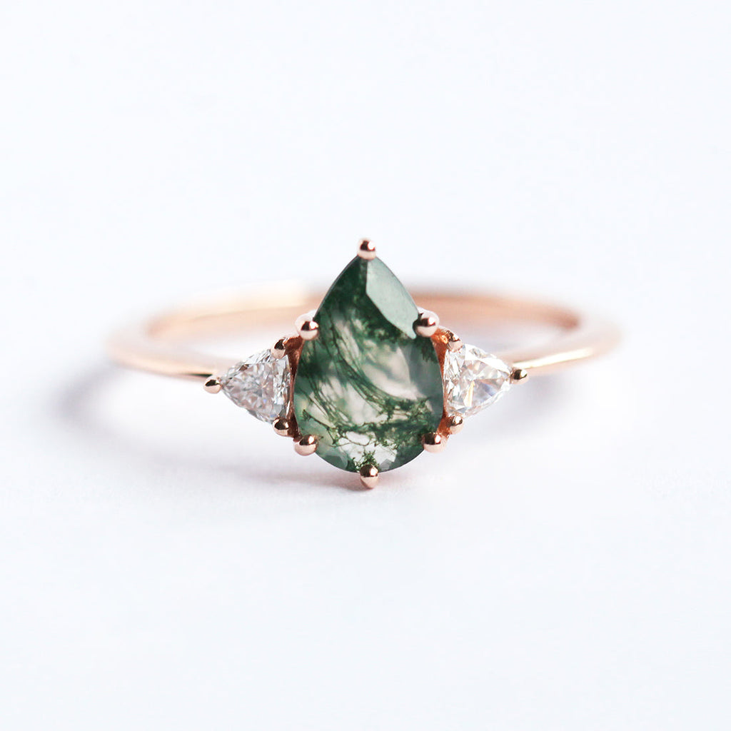 Leonora Pear Moss Agate Ring With Accent Diamonds