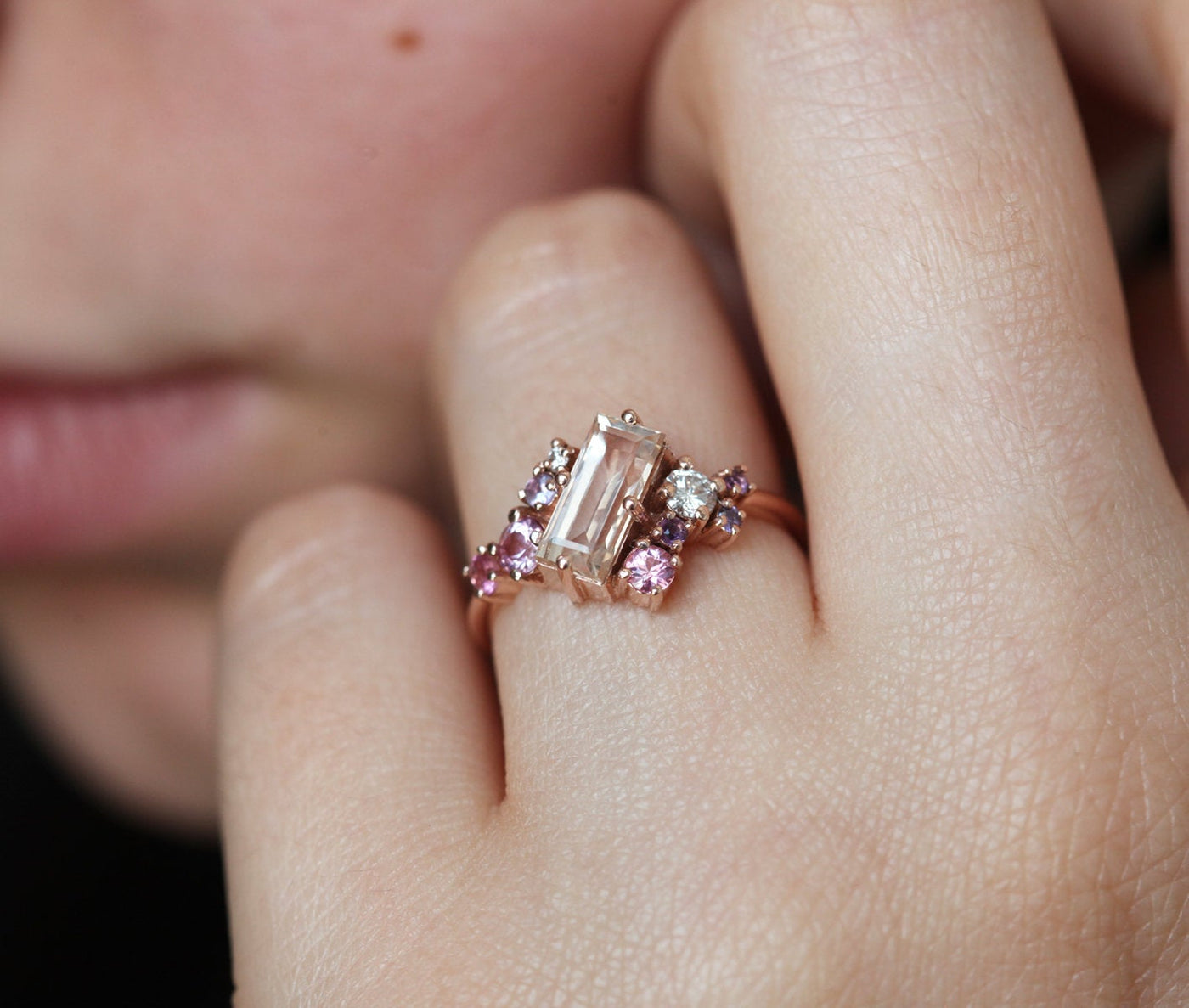 Lila Baguette Morganite Cluster Ring