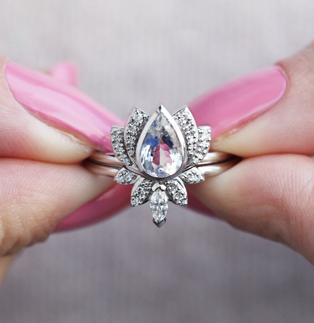Lakshmi Pear Moonstone Diamond Ring Set