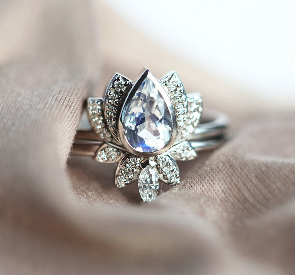 Lakshmi Pear Moonstone Diamond Ring Set