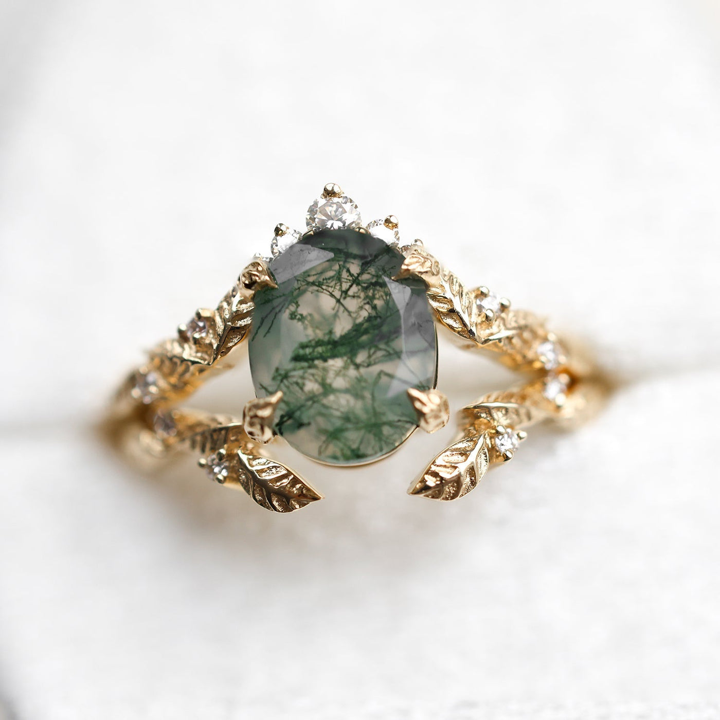 Leaf moss agate ring set