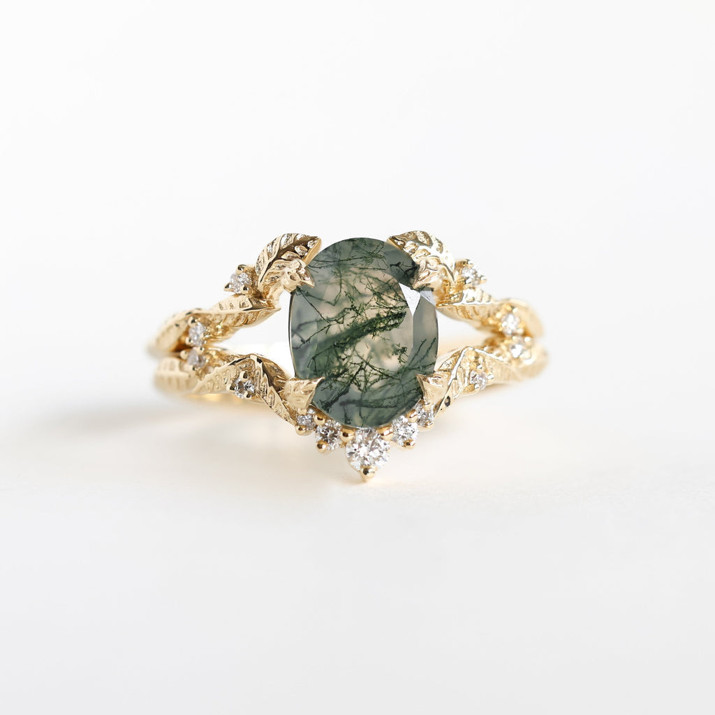 Leaf moss agate ring set