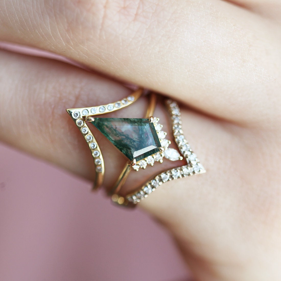 Lily Kite Moss Agate And Diamond Ring