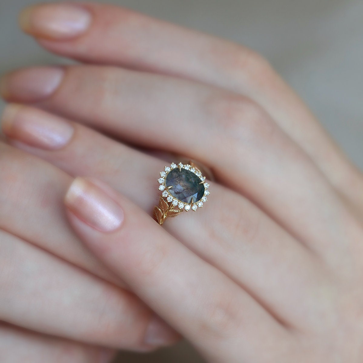 Lucy Oval Moss Agate Ring With Diamond Halo
