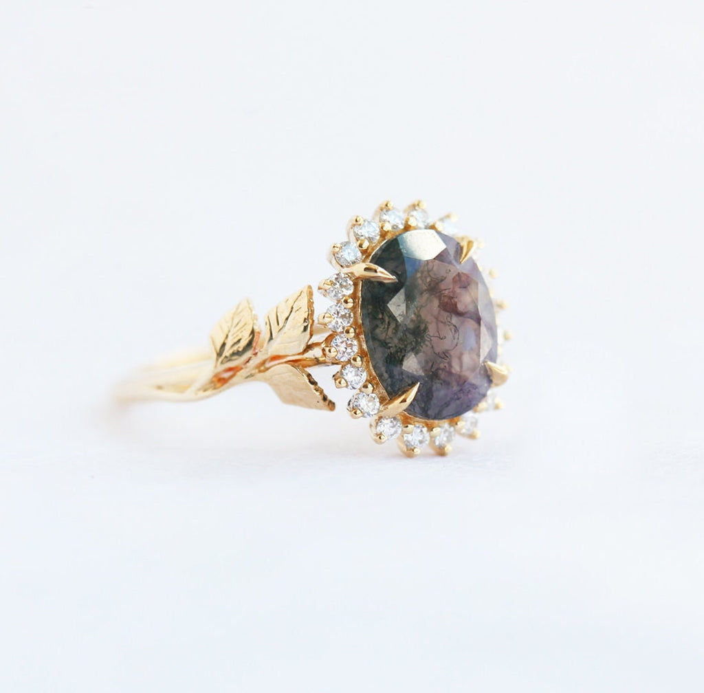 Lucy Oval Moss Agate Ring With Diamond Halo