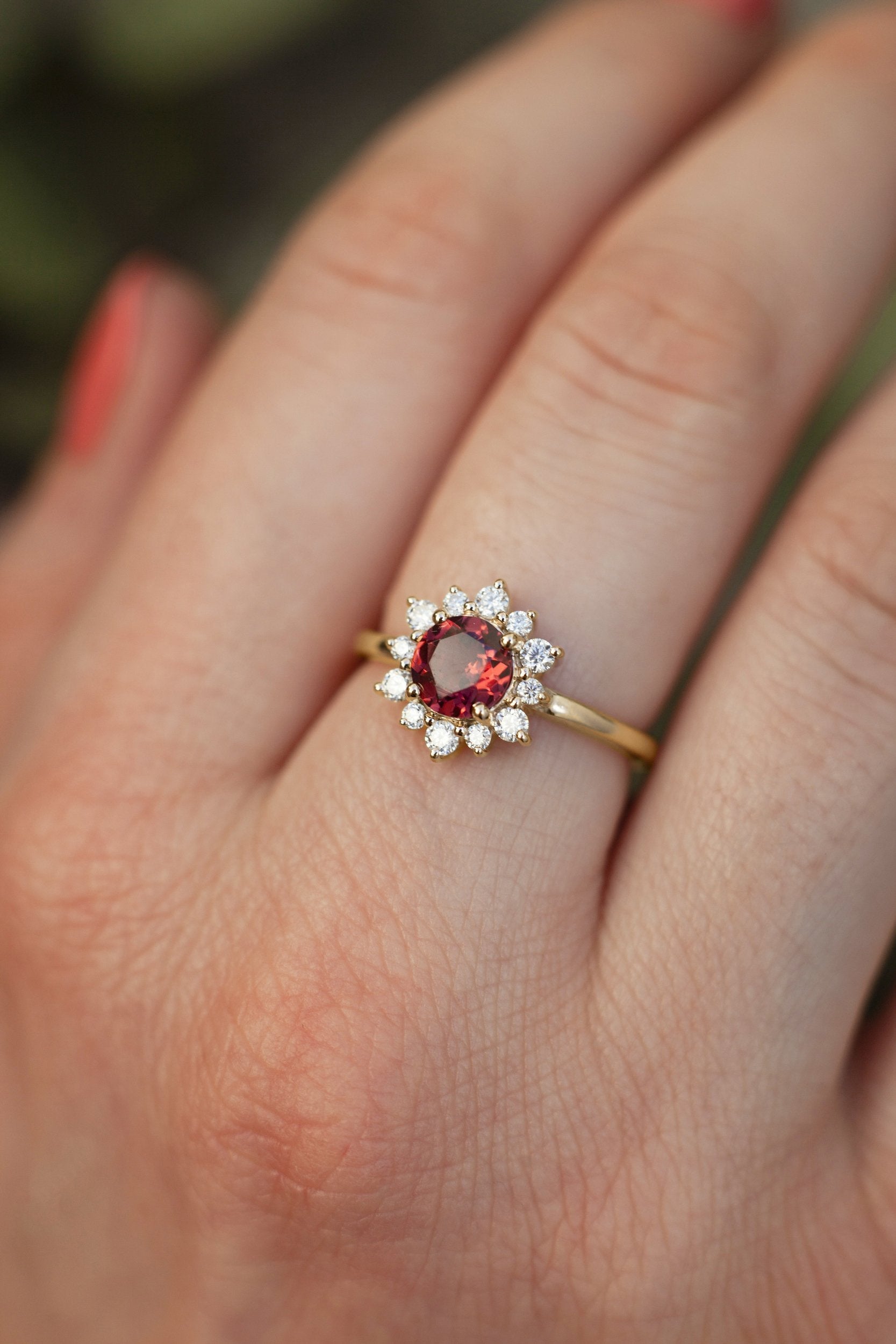 Flora Round Garnet Ring with Halo Moissanite