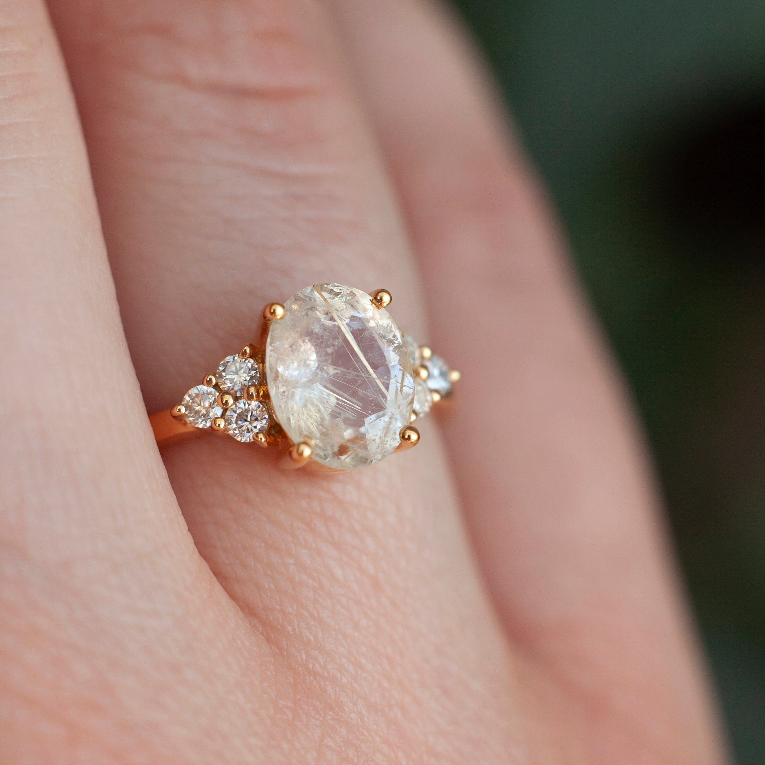 Olivia Golden Rutile Quartz Ring with side Moissanite