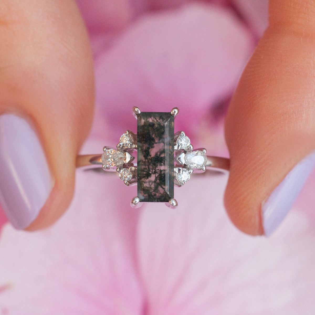 Sarah Moss Agate Baguette Ring with side Moissanite
