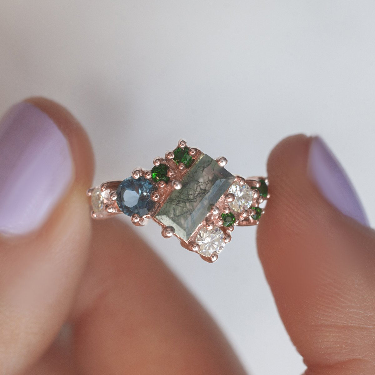 Bianca Baguette Cluster Ring with Moss Agate