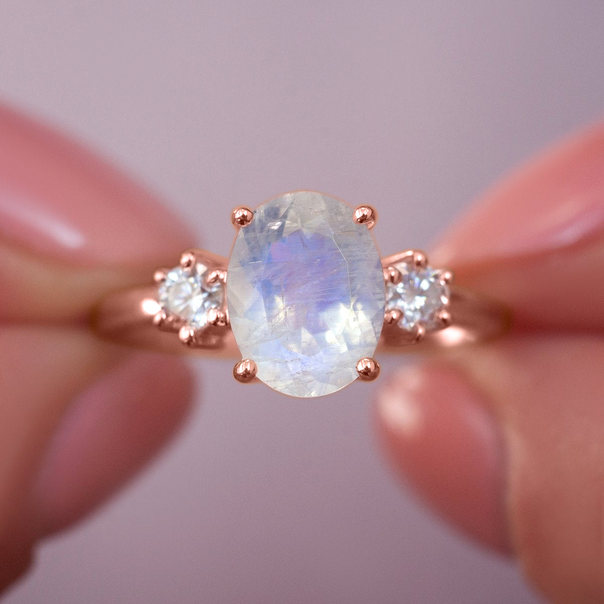 Khloe Oval Moonstone Ring with side Moissanite