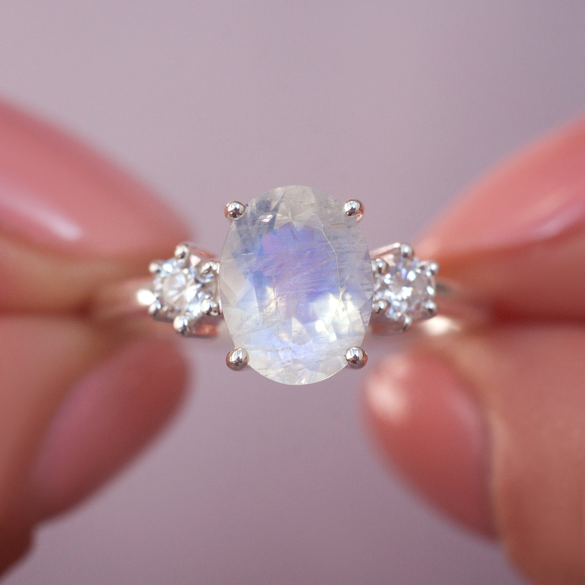 Khloe Oval Moonstone Ring with side Moissanite