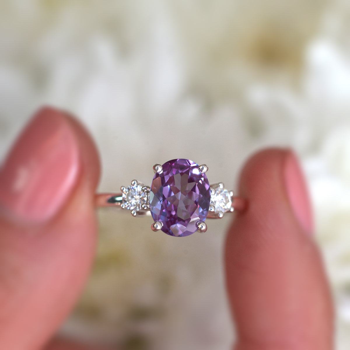 Khloe Oval Amethyst Ring with side Moissanites