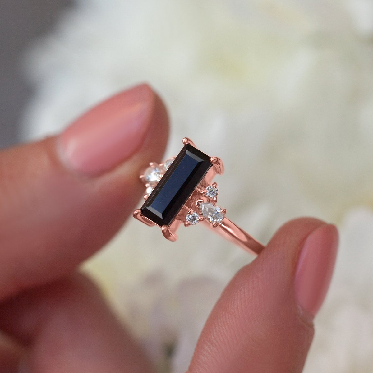 Sarah Black Spinel Baguette Ring with side Moissanite