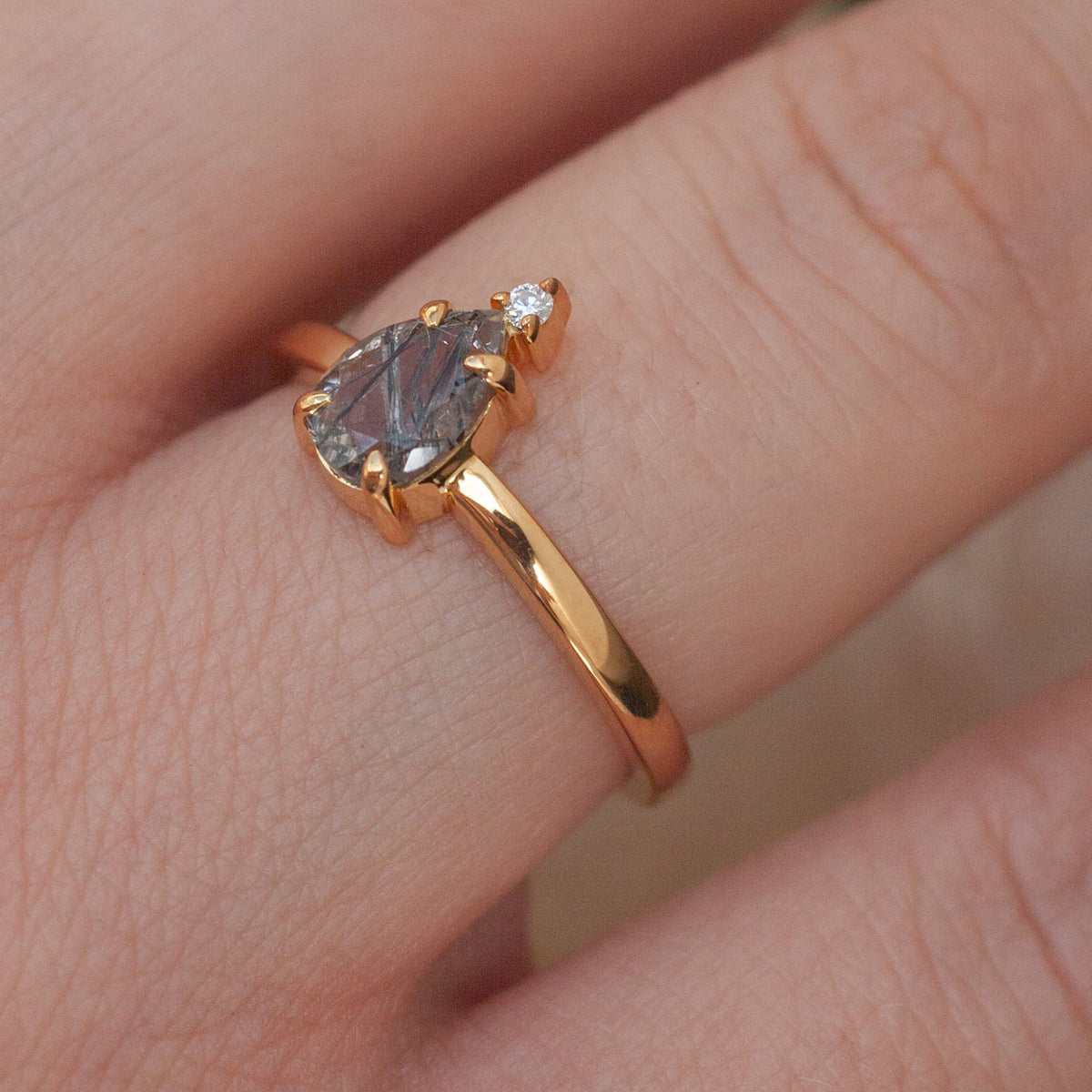 Eva Queen Pear Black Rutile Quartz Ring with Moissanite