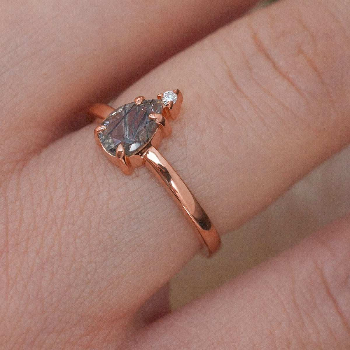 Eva Queen Pear Black Rutile Quartz Ring with Moissanite