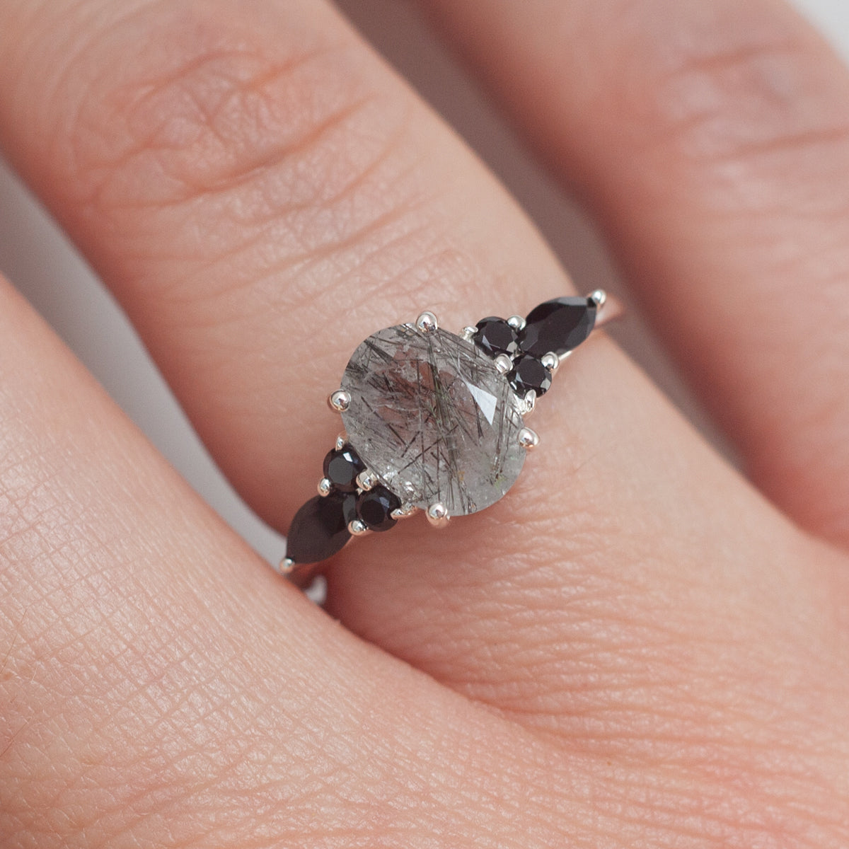 Lauryn Oval Black Rutile Quartz Ring with Black Spinel.