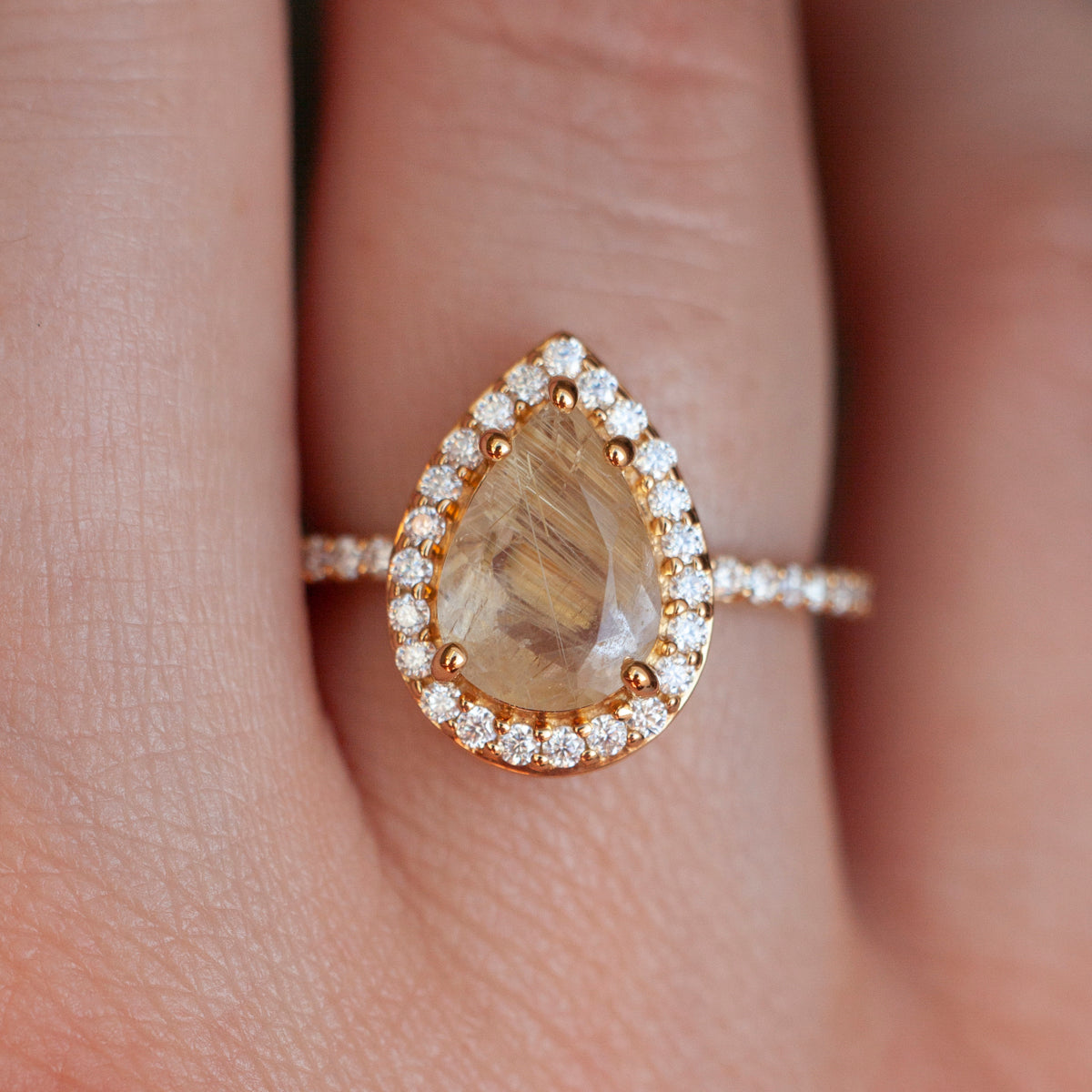 Britney Pear Golden Rutile Quartz with Moissanite Pave Halo Ring