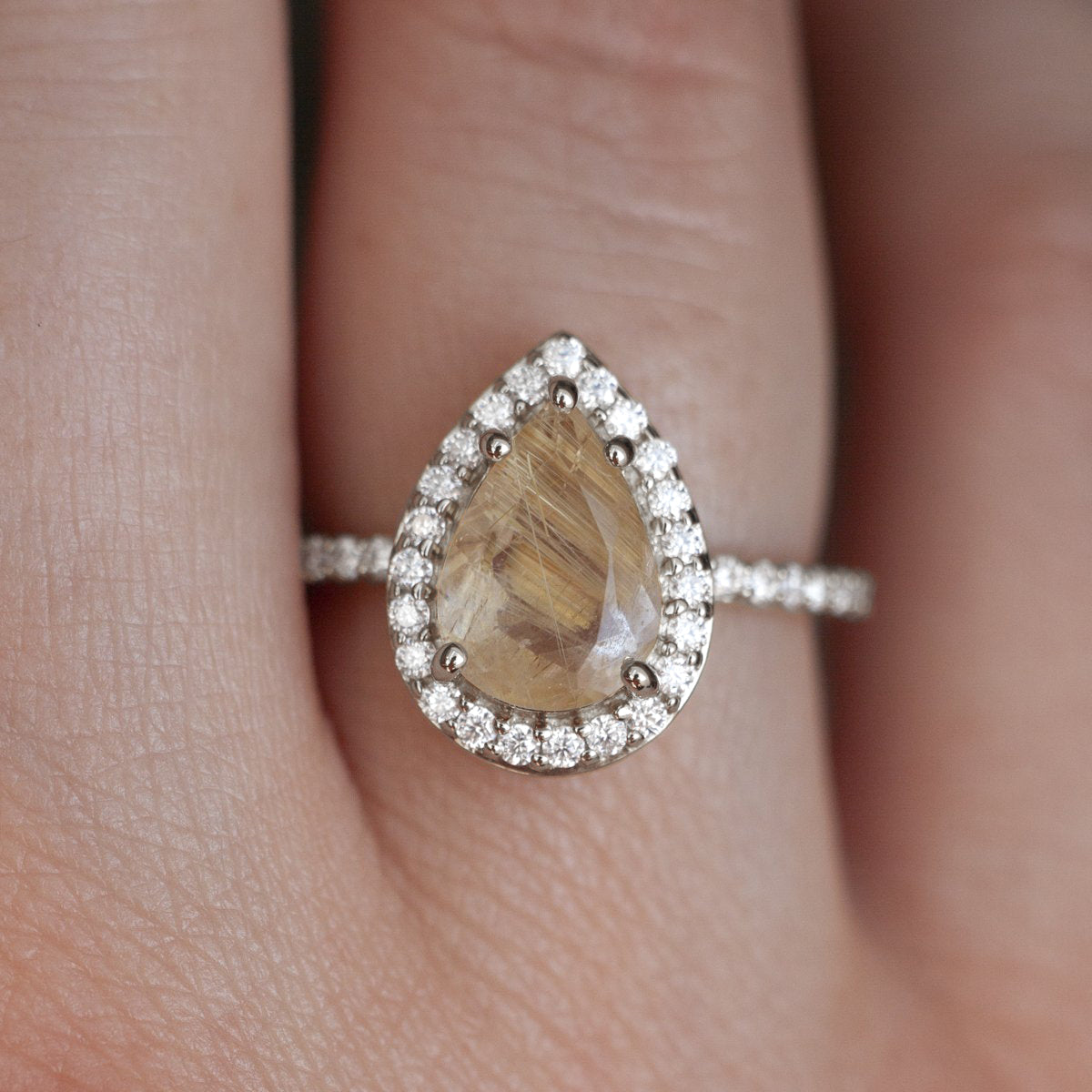 Britney Pear Golden Rutile Quartz with Moissanite Pave Halo Ring