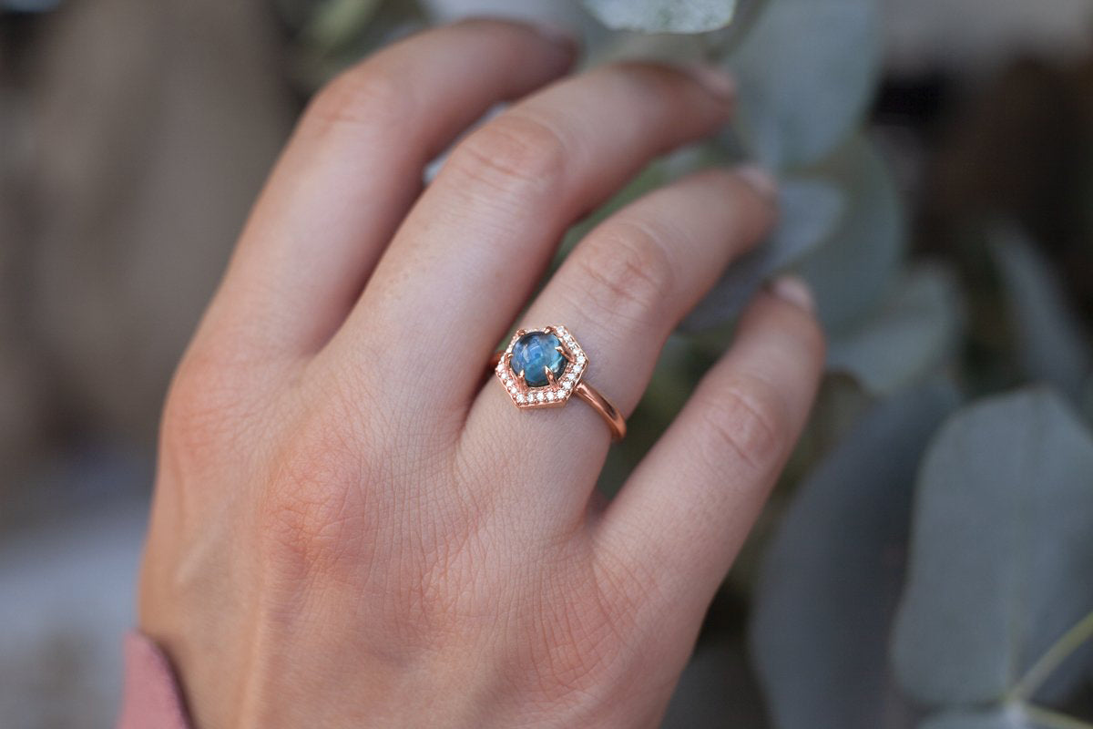 Anine London Blue Topaz Cabochon Halo Ring