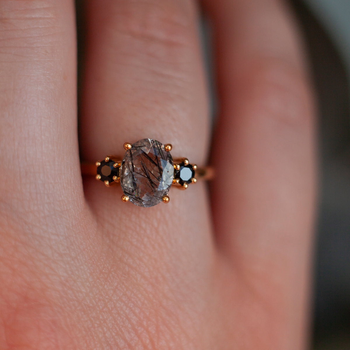 Khloe Black Rutile Quartz Ring with side Black Spinel