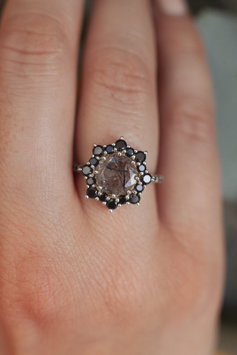 Jessica Round Black Rutile Quartz ring with Black Spinel Halo