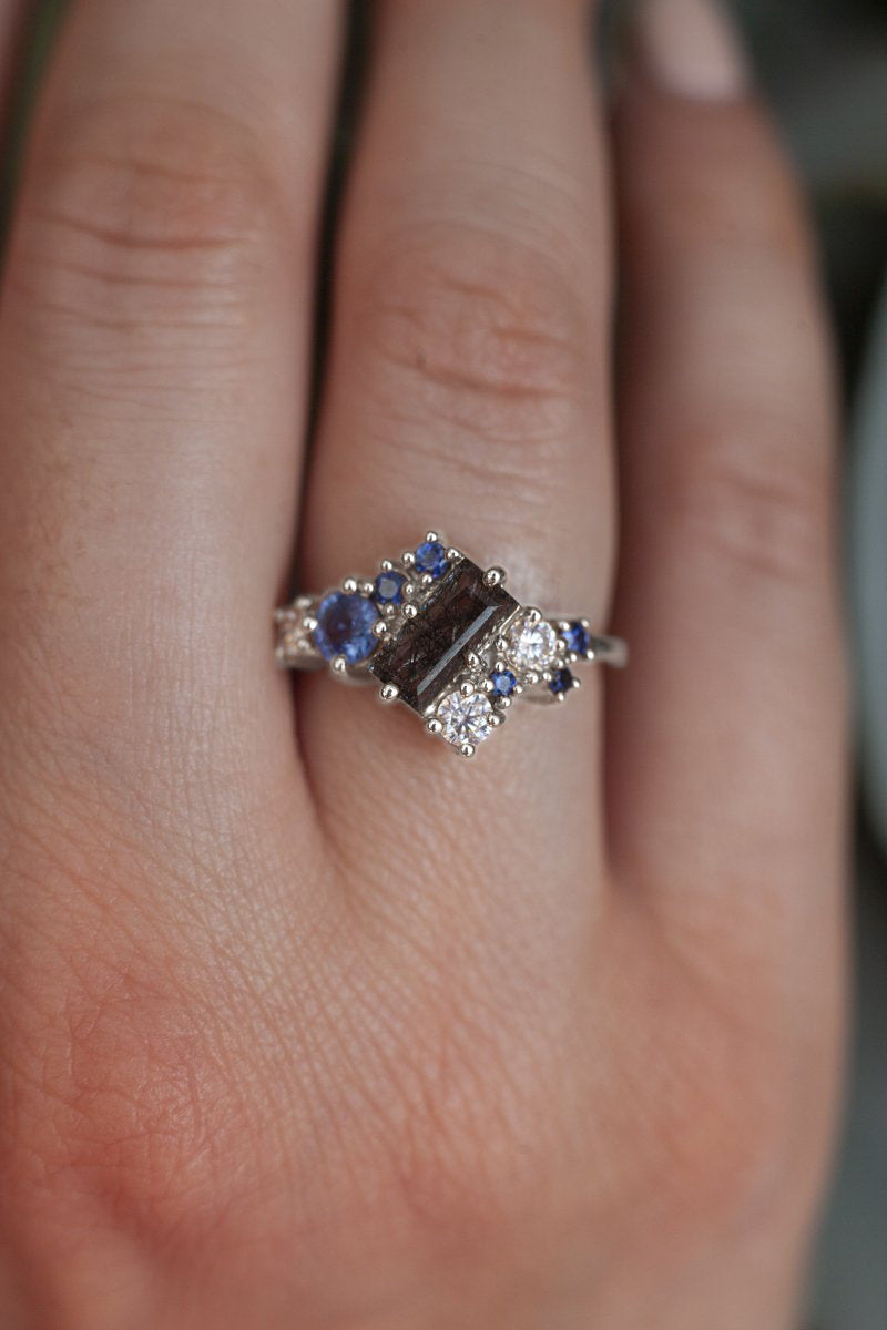 Bianca Baguette Cluster ring with Black Rutile Quartz