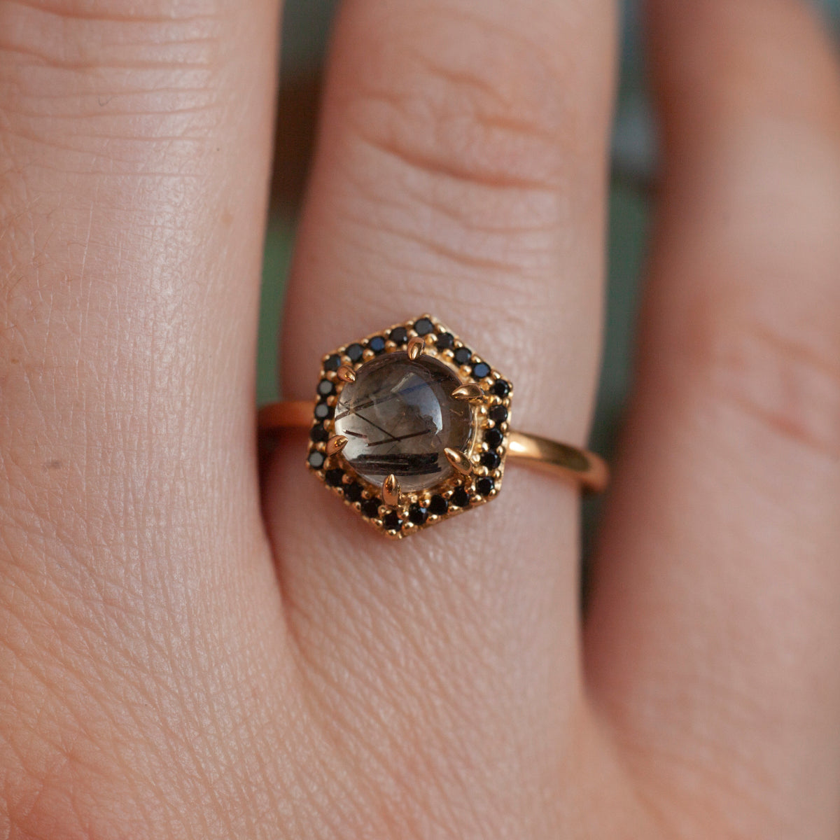 Anine Black Rutile Quartz Cabochon Halo Ring