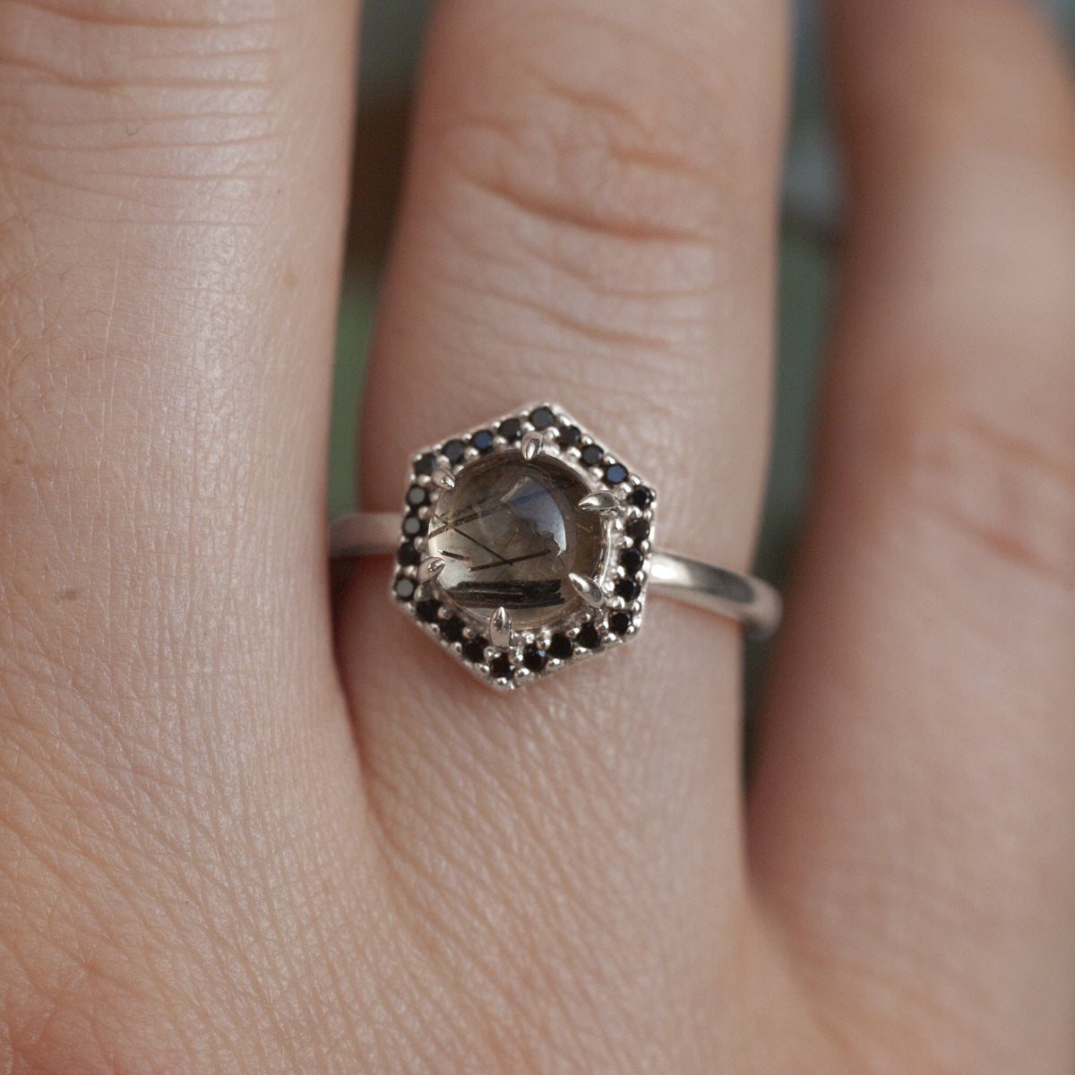 Anine Black Rutile Quartz Cabochon Halo Ring