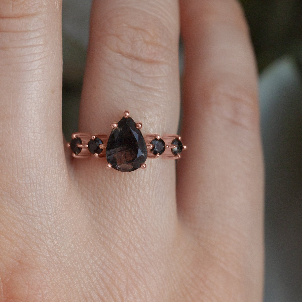 Apollonia Pear Black Rutile Quartz Ring with Round Black Spinel