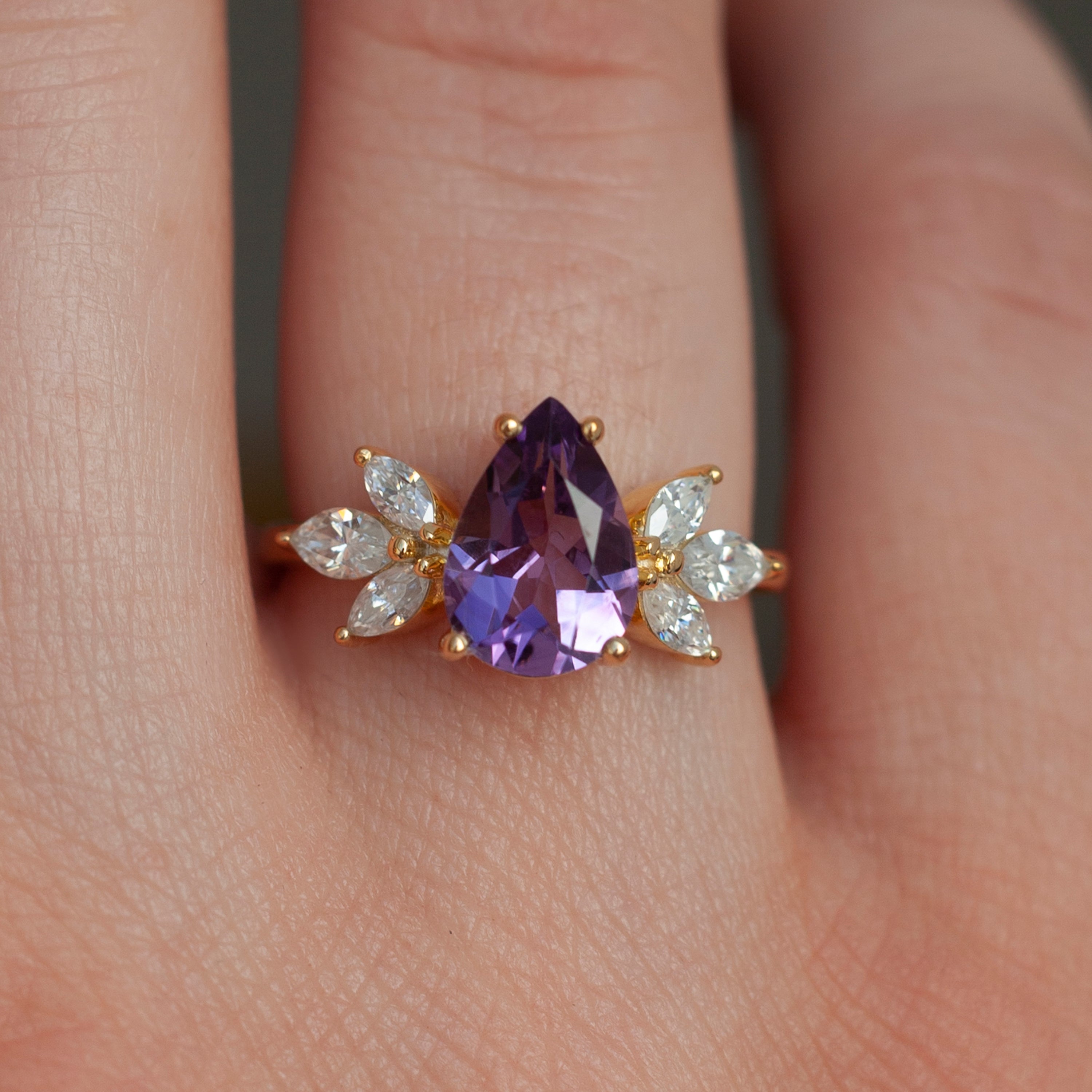 Monica Pear Amethyst Ring with Petal Marquise Moissanite