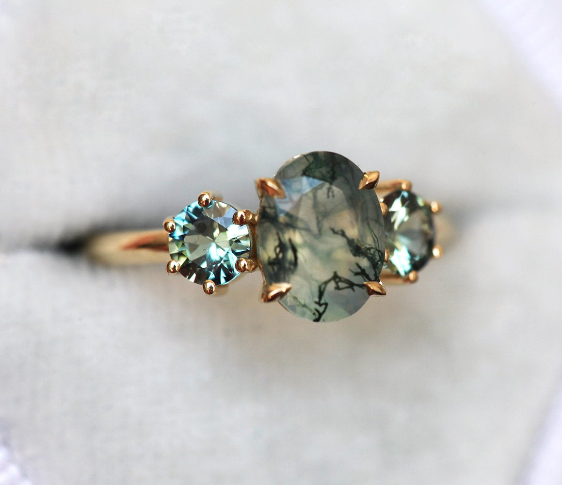 Marla Moss Agate Ring With Teal Tourmalines