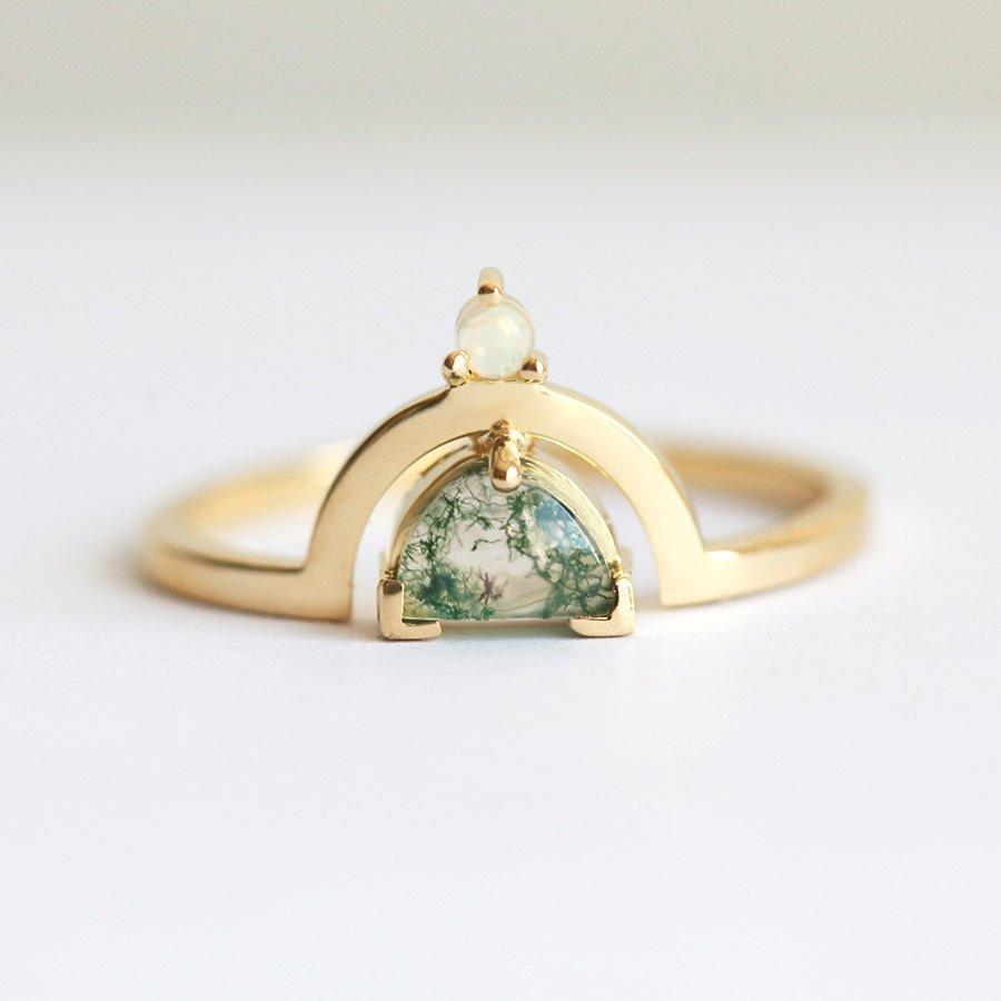 Melody Half Moon Moss Agate And Australian Opal Ring