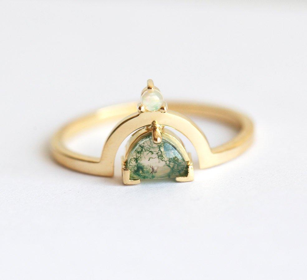 Melody Half Moon Moss Agate And Australian Opal Ring