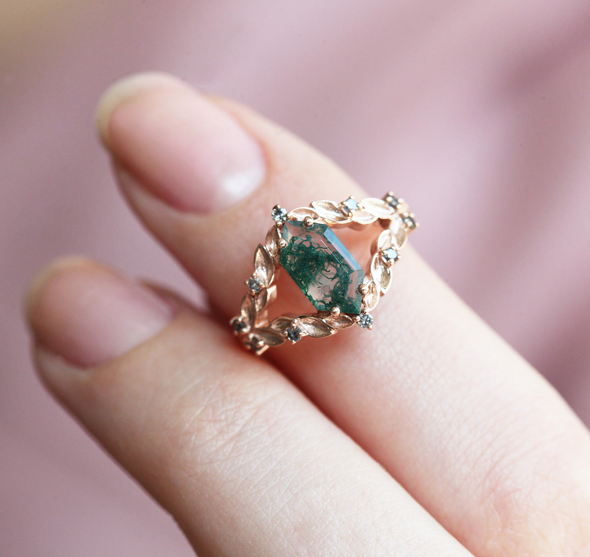 Meredith Hexagon Moss Agate Ring With Salt & Pepper Diamonds