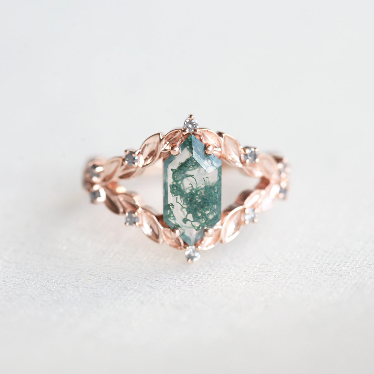 Meredith Hexagon Moss Agate Ring With Salt & Pepper Diamonds