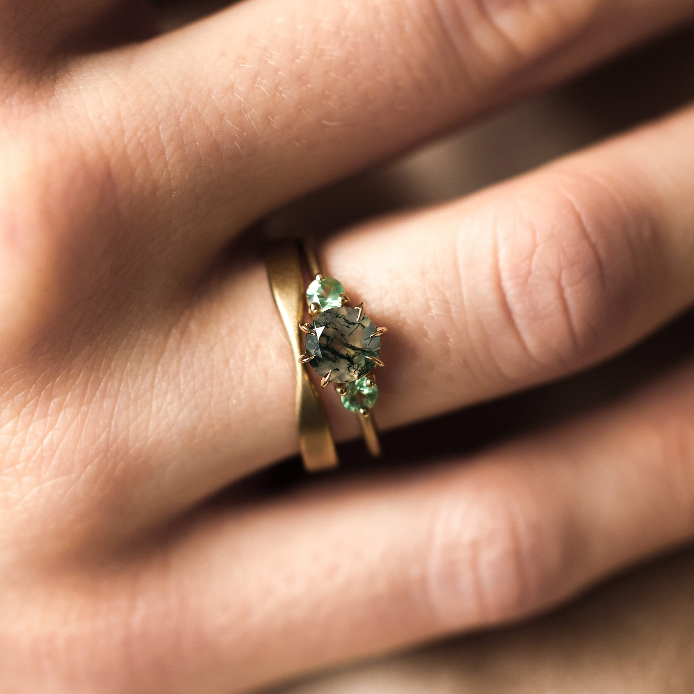Moss Agate Wedding Ring Set