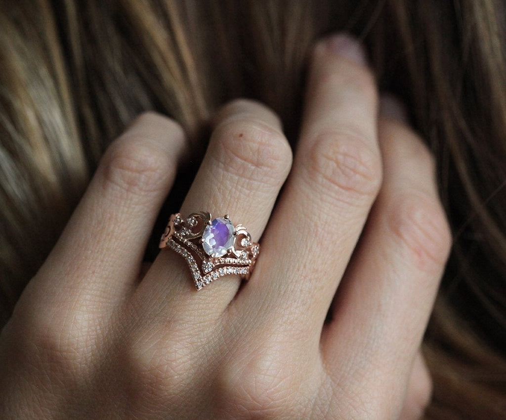 Naira Vintage Rainbow Moonstone Engagement Ring with Diamonds