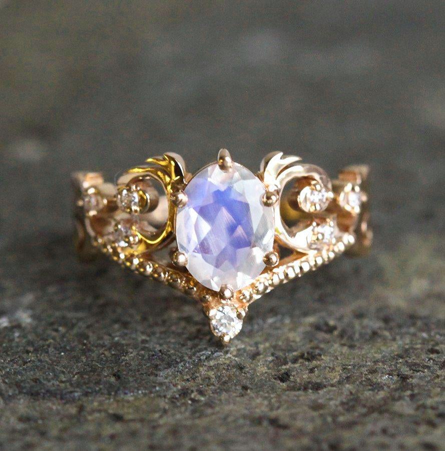 Naira Vintage Rainbow Moonstone Engagement Ring with Diamonds