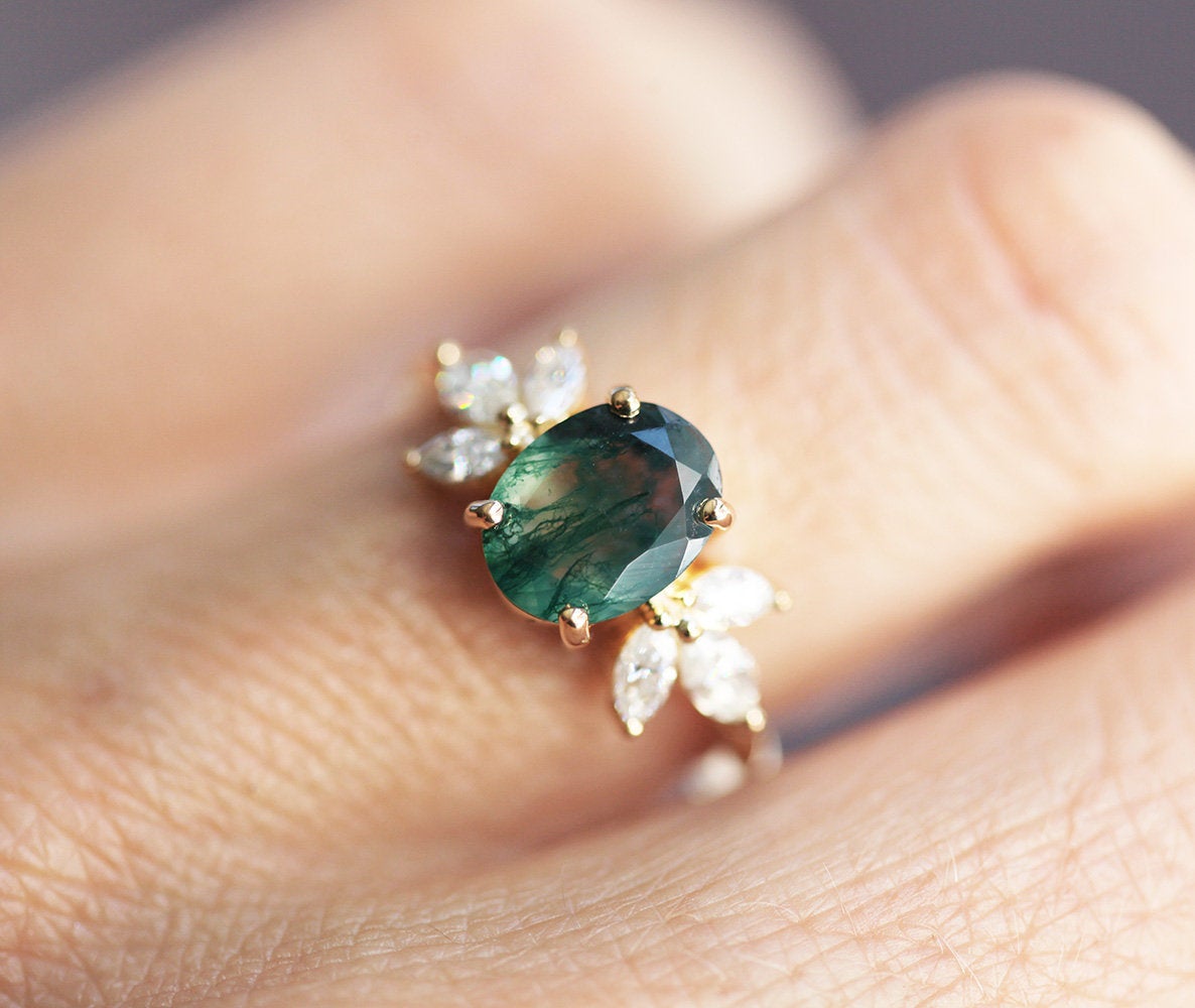 Olly Oval Moss Agate Ring with Diamond Accents