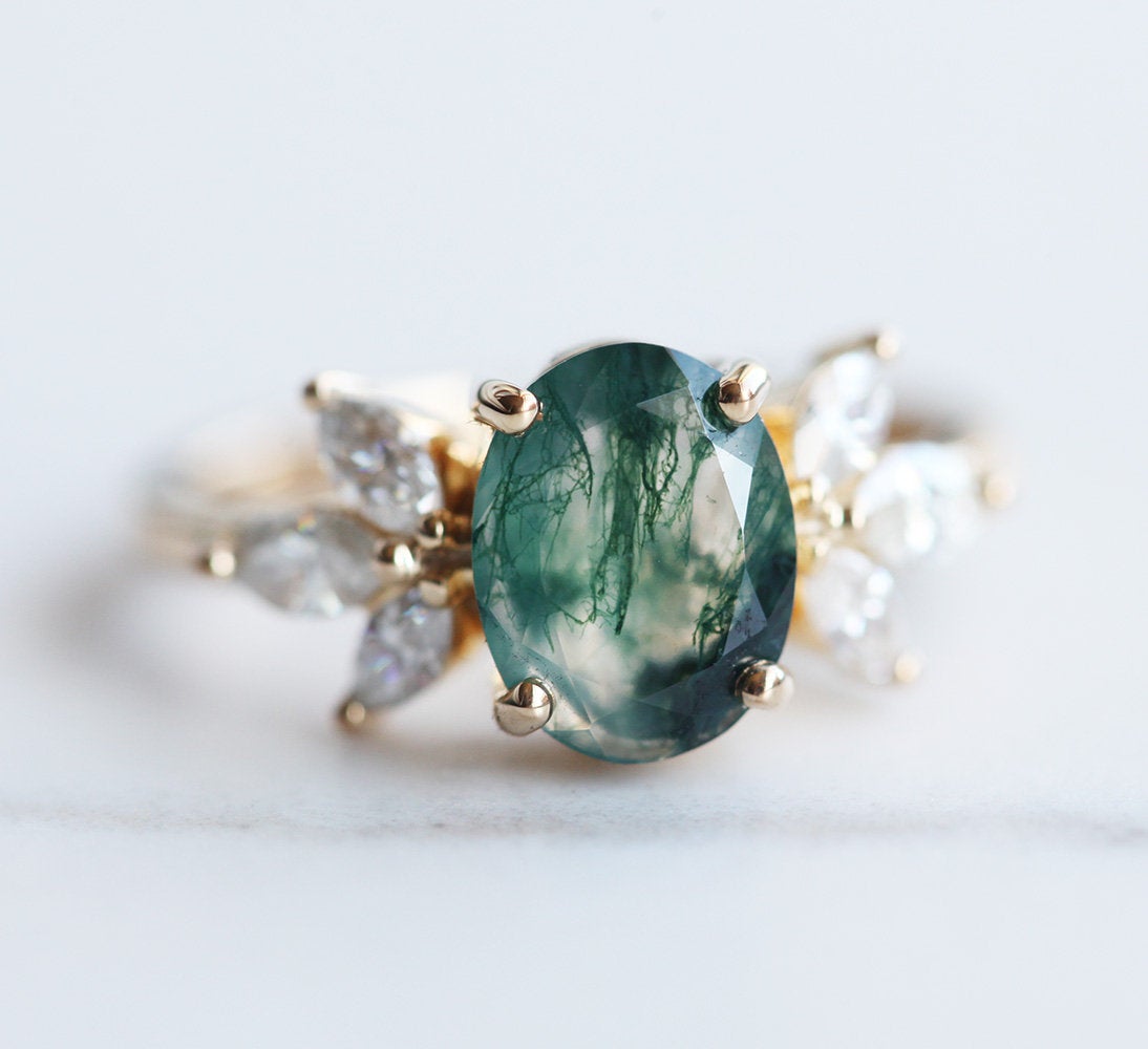 Olly Oval Moss Agate Ring with Diamond Accents