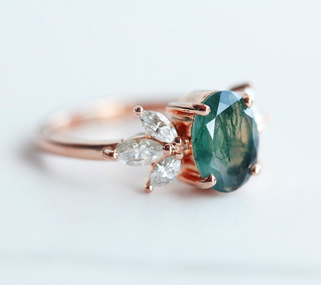 Olly Oval Moss Agate Ring with Diamond Accents